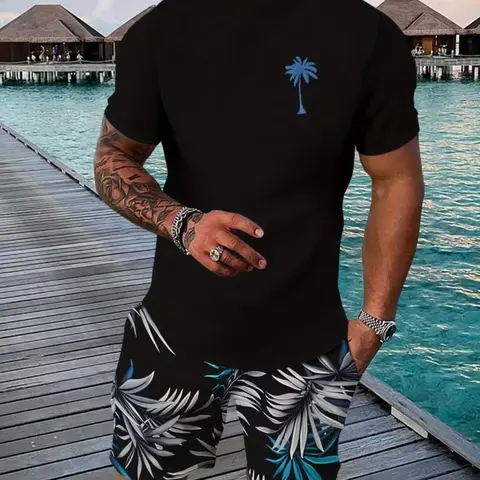 Men's Casual Sports Set, Breathable Outdoor Tee and Shorts, Summer 3D Printed, Casual Sporty Design, Beach Vacation Wear, Casual Breathable Sportswear, Casual Sporty Set