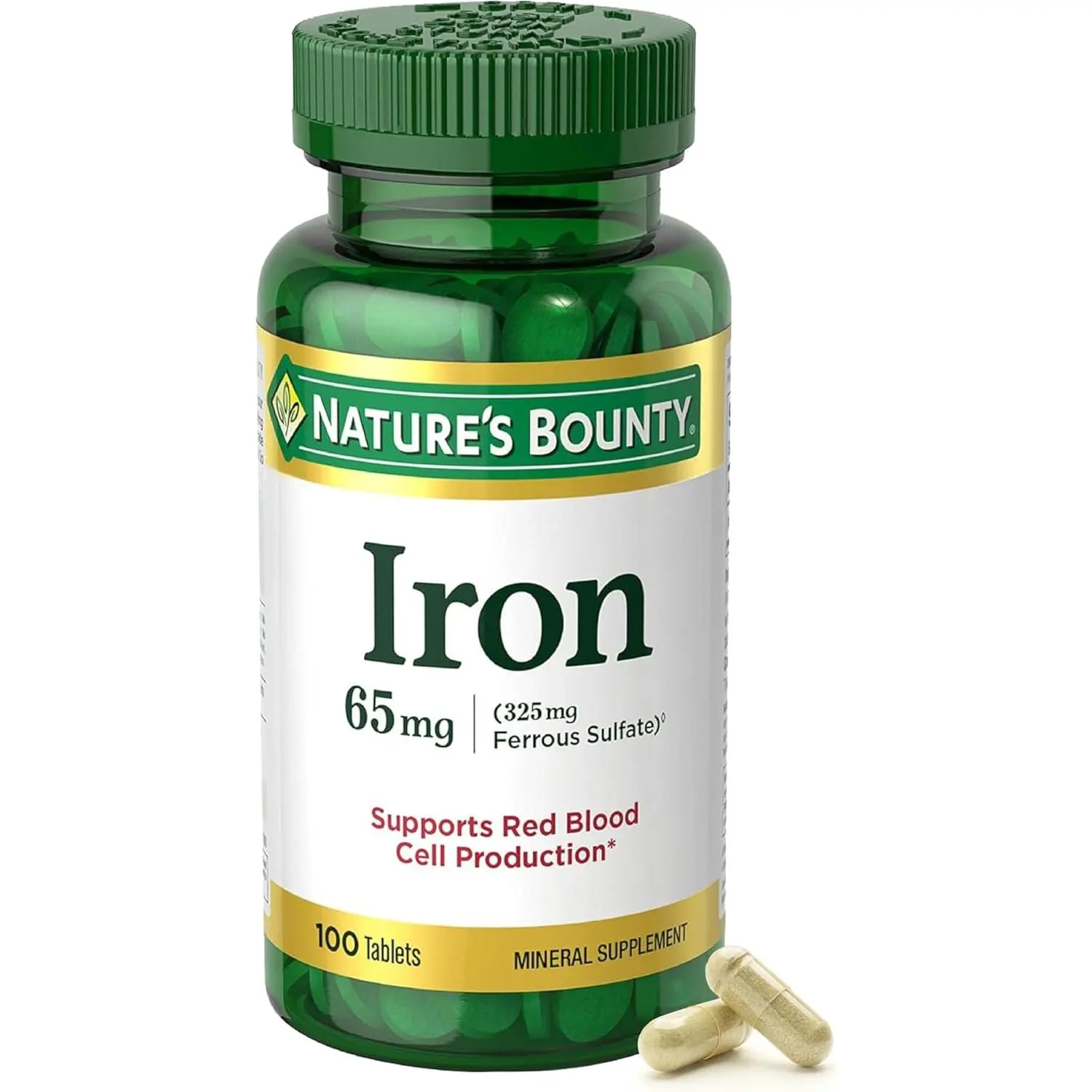 Nature’s Bounty Veg-Friendly Iron Dietary Supplement Tablets, 65mg Iron (325mg Ferrous Sulfate), Immune & Metabolism Support, Red Blood Cell Production, Bone Health, 1 Serving/Day, Gluten-Free, 100 Tabs, Adult Minerals Supplement