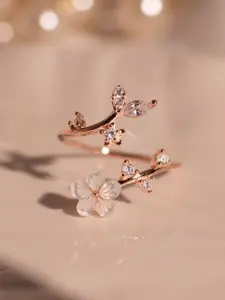 Elegant Sakura Zirconia Open Ring, Adjustable Ring, Simple Design, Versatile Women's Daily Commute Jewelry, Fashionable and Stylish Accessory, Adjustable Trendy Rings, Elegant Casual Ring