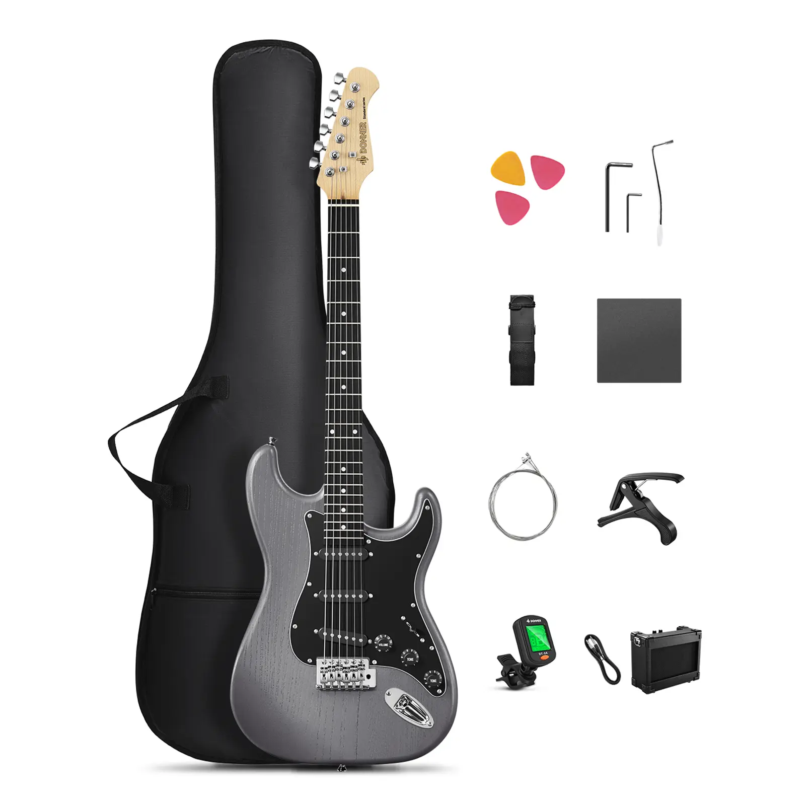 Donner DST-80 ST All-in-1 Guitar Kit for Beginners - Rechargeable Battery, Batteries, Adjustable Gain, SSS Pickups, Amplifier, Gig Bag, Strap, Strings, Tuner, Cable, Capo for Chords, Picks, Musical Instruments Accessories Set