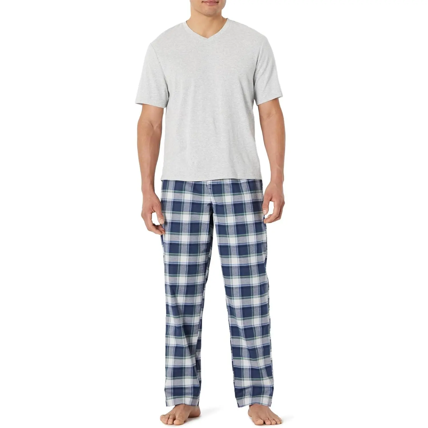 Essentials Men's 2-Piece Cotton Poplin Pajama Set - Menswear Nightwear with Stretch Relaxed-Fit Short-Sleeve Cotton Jersey T-Shirt