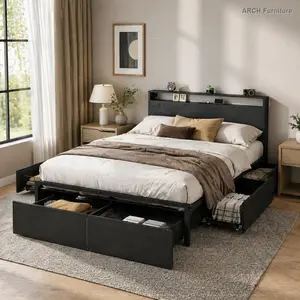 Full Size Bed Frame with Storage Headboard, Charging Station, LED Lights, Sturdy Noise-Free Stable Base, No Box Spring Required, Easy to Install and Assemble