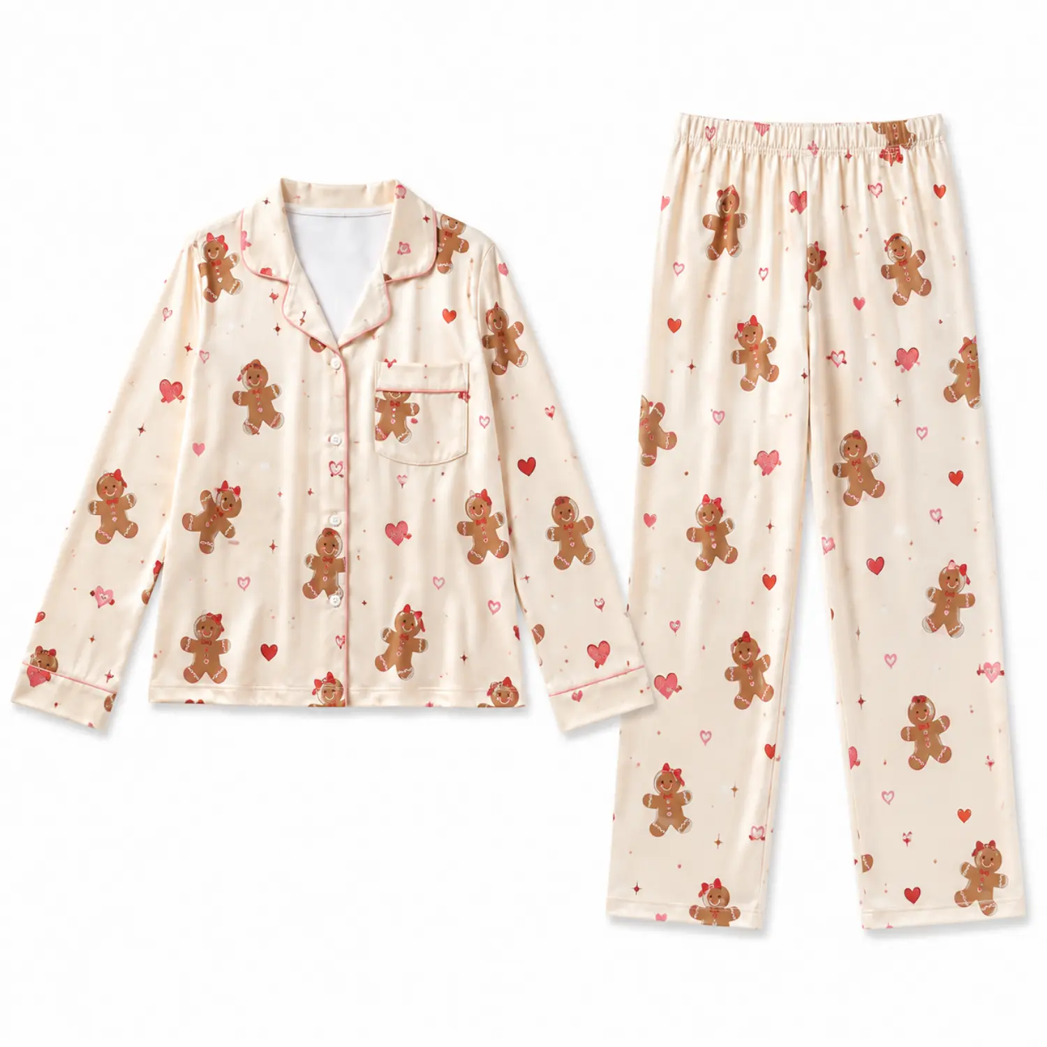 Cozy Gingerbread Print Long Sleeve Button Front Pajama Set for Autumn Winter, Soft Cream Sleepwear with Elastic Waist Pants