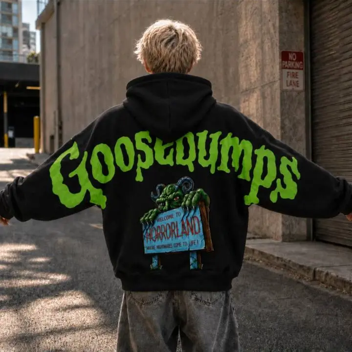 Goosebumps Horrorland Back Lettering Sweatshirt Hoodie, Oversized Unisex Halloween Pullover Sweatshirt, Retro Monster Back Print Gothic Streetwear