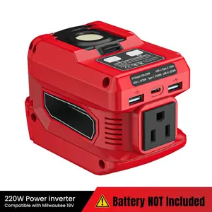 220W Power Inverter Compatible with Milwaukee 18V Battery Portable DC 18V to AC 110V Power Station with 1 AC Outlet, 2 USB QC Ports, 1 Type-C Fast Charging & 400LM LED Work Light [Battery NOT Included]
