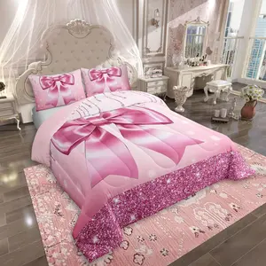 Kids Pink Bow Bedding Set,Teen Girl Coquette Bow Comforter Set,Trendy Modern Fashion Preppy Bed Set,Gorgeous Glitter Bowknot Quilt Duvet Insert Soft Comfy Light Weight