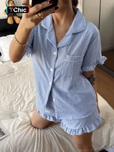 Valentine's Day Women's Sleepwear Set, Soft Striped Blue Print Ruffle Short Sleeve Shorts Pajamas Pjs, Open Front Collar Comfortable Loungewear Homewear Ruffled