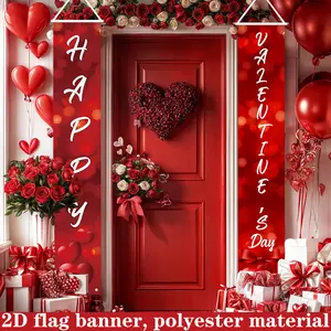 Happy Valentine's Day banner/couplets, made of polyester fabric, romantic love-themed party decorations, suitable for weddings, Valentine's Day, anniversaries, photo booth backdrops, indoor/outdoor decorations, holiday party supplies, entrance doors