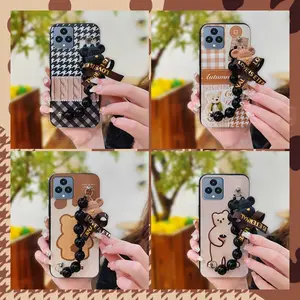 cute Dirt-resistant Phone Case For TCL T-Mobile Revvl6/T Phone Anti-knock Black pearl pendant silicone Back Cover Cartoon Waterproof Bear bracelet Skin-friendly feel soft case