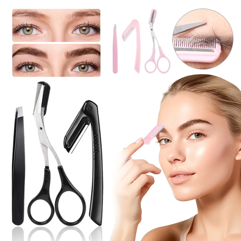 3pcs Eyebrow Trimmer Set (Razor + Tweezers + Eyebrow Scissors), Portable And Easy-To-Use Eyebrow, Scissors Suitable For Daily Facial Eyebrow Trimming, Creating Exquisite And Fashionable Eyebrows, Suitable For Daily Home Or Travel Use
