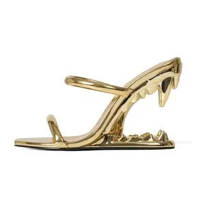 Women's Shark Teeth Heel Sandals Metallic Open Toe Strappy Statement Fashion Heels