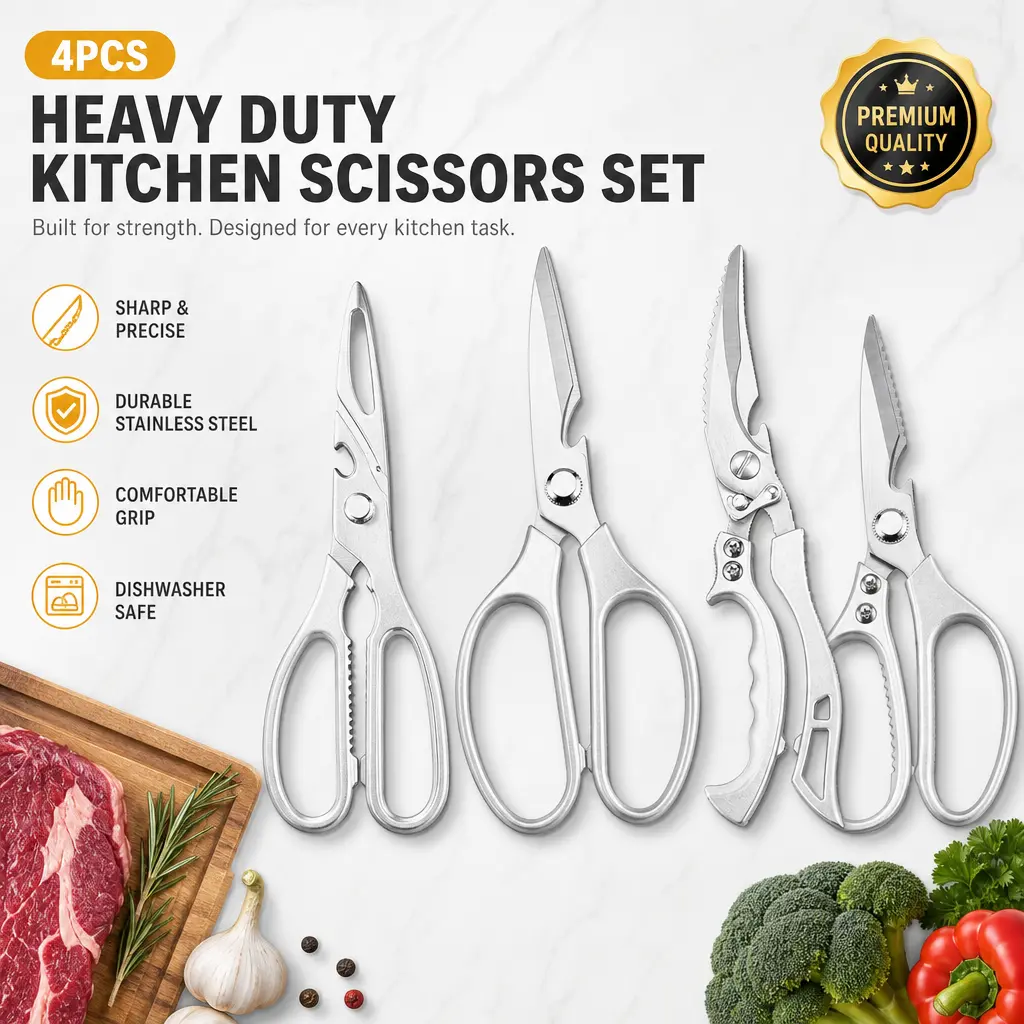 4Pcs Heavy-Duty Poultry Shears Set - Stainless Steel & Aluminium Kitchenware, Professional Ergonomic Handles Kitchen Scissors with Safety Lock for Meat, Bone Cutting