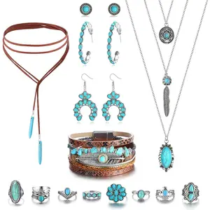 Helicopchain Western Jewelry For Women Bohemian Turquoise Jewelry Set Turquoise Pendant Choker Necklace Turquoise Faux Leather Cuff Bracelet Turquoise Hoop Dangle Earrings Turquoise Joint Knuckle