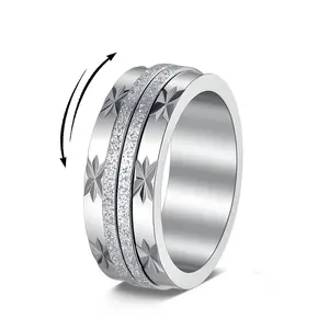 Vintage Full Star Matte Rotating Stress-Resistant Titanium Steel Couple Rings with Geometric Motifs & Exquisite Micro-Pavé Setting
