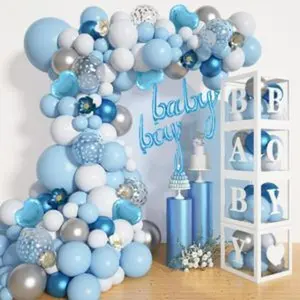 137pcs baby blue balloons baby shower decorations for boy with baby boxes white blue balloon arch kit baby boxes with letter azbabyboy for boy 1st birthday gender reveal party supplies