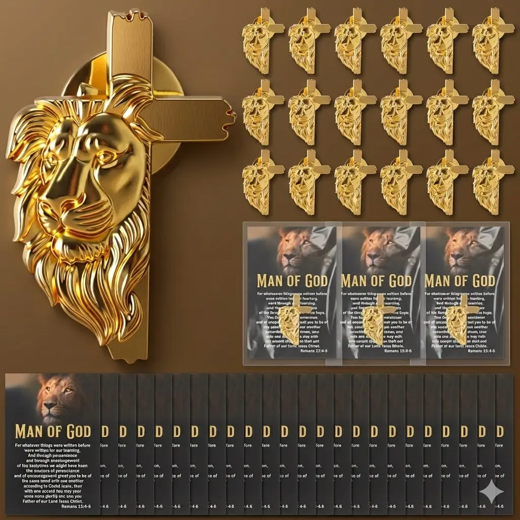 Lion Cross Brooch Pins (Multi-Size 18/20/36/40 Sets) with Man of God Card, Christian Father’s Day/Memorial Day Gifts for Men, Cross Motif Everyday Wear Accessories for Bags, Hats, Jeans, Backpacks, Secure Clasp Hold
