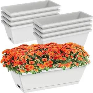 8pcs 17 Inches Rectangle Window Planter Boxes Plastic Window Sill Flower Herb Pots with Drainage Holes and Trays for Indoor Outdoor Garden Windowsill Light Grey