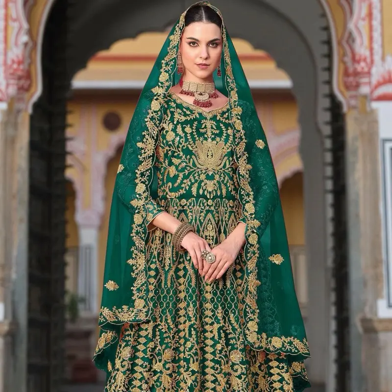 Green, Big Size 3XL/44-46. Embroidered Net Wedding Wear Gown with Dupatta with heavy coding, intricate stone work, and dense embroidery, Coding work