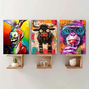 3-Piece Modern Art Canvas Prints, Solid Wood Framed Wall Decor, Animal & Graffiti Design, Waterproof HD Print for Living Room & Bedroom