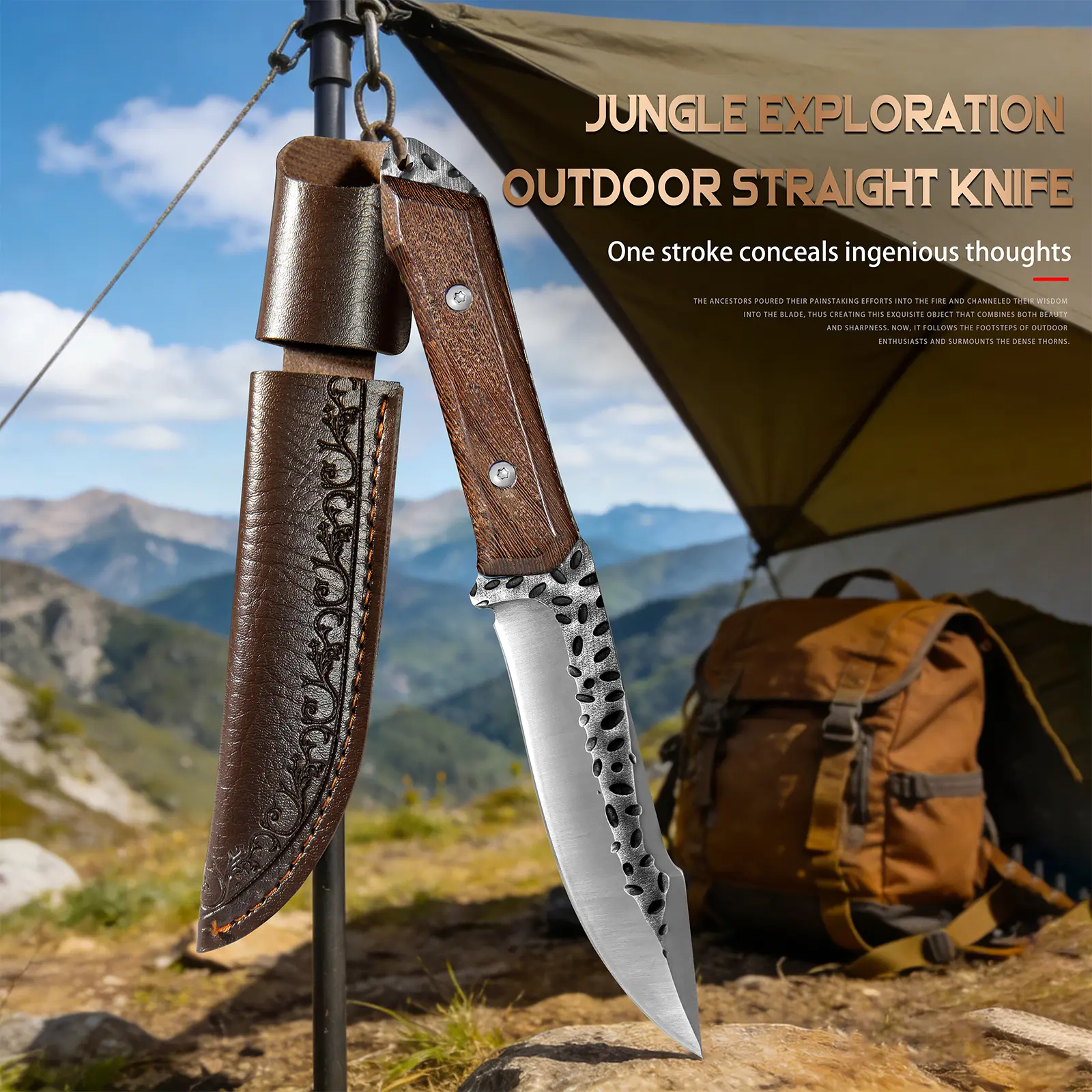 9.5-Inch Thick 7Cr13mov Stainless Steel Multi-Function Boning Kitchen Knife, Rustproof Durable Blade, Retro Carved Leather Scabbard, Camping Knife & Survival Tool for Outdoor Hiking, Men-Focused Gift, Camping Knives