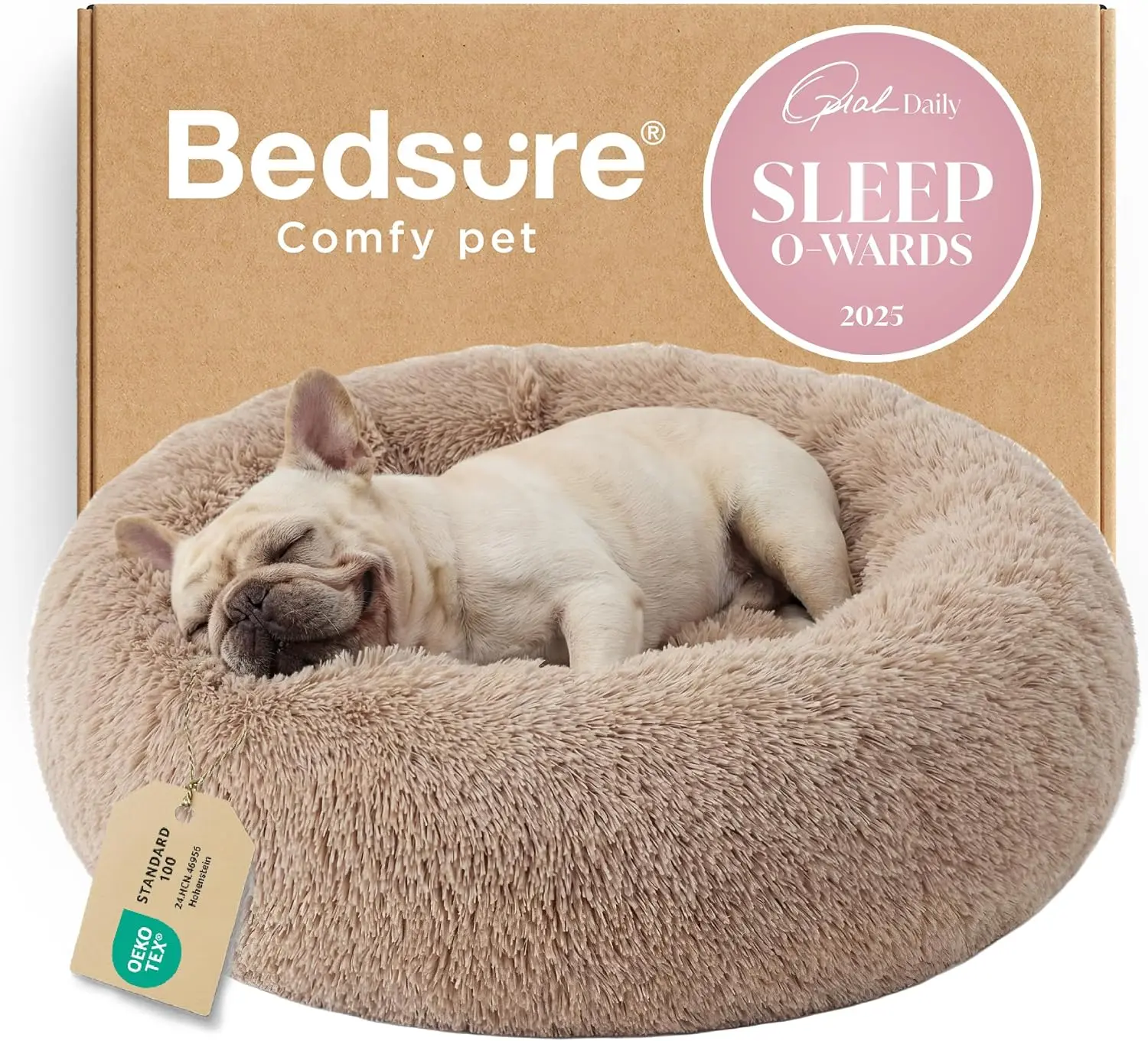 Bedsure Medium 30in Camel Donut Dog Bed - Fluffy Faux Fur Cuddler, Anti-Slip Base, Anti-Anxiety, Machine Washable, Supports Deep Sleep for Pets Up to 45 Lbs, Donut Bed