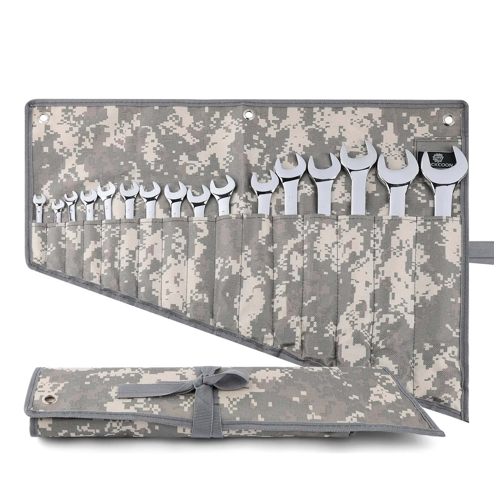 16 Pocket Wrench Roll Organizer, Rolled Tool Pouch Bag with Oxford Cloth, Light Camouflage