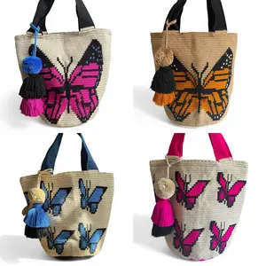 Wayuu XL Butterfly Handwoven Tote Bag Inner lining, sliding and ornament (pompom)