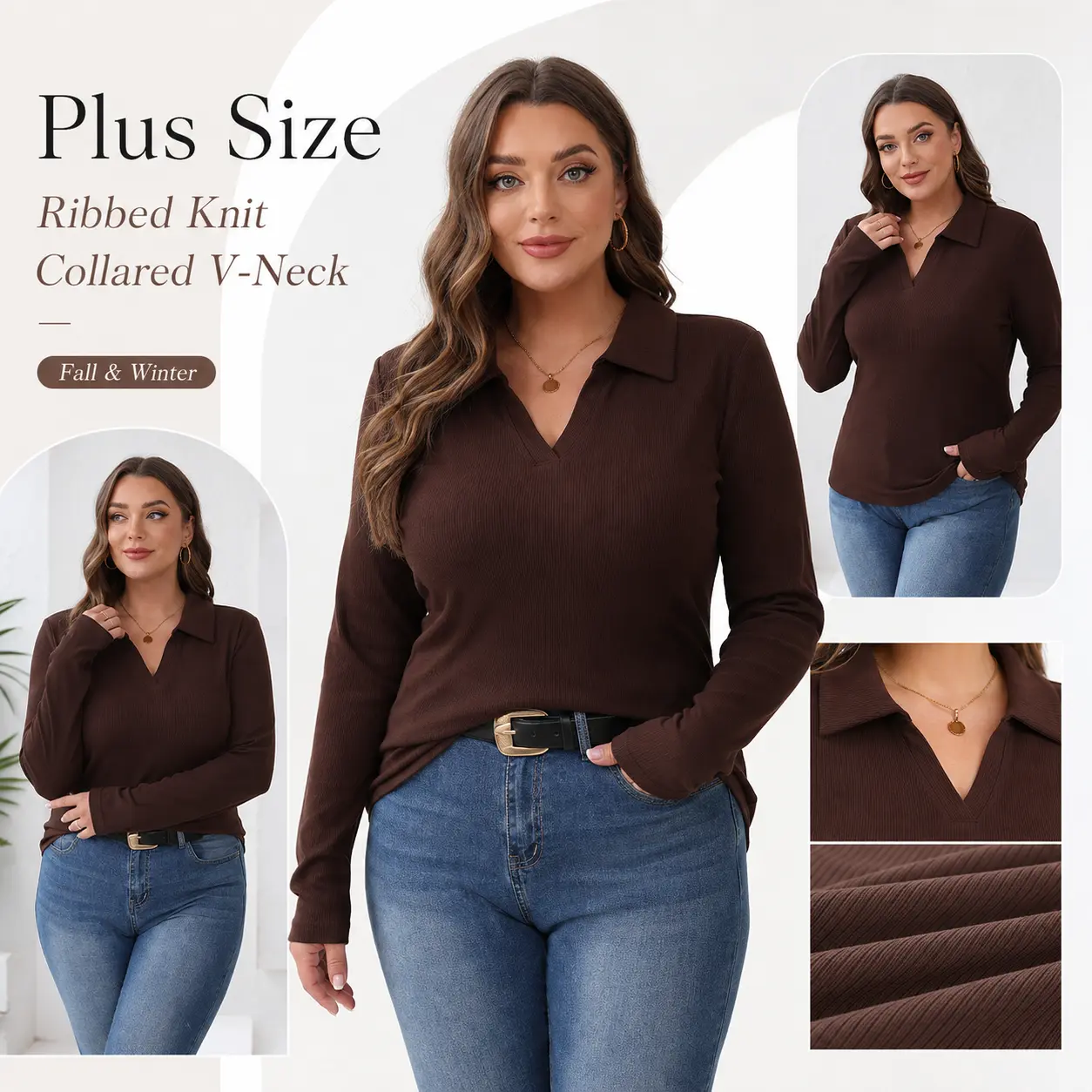 OFEEFAN Womens Polo Shirts Long Sleeve Business Casual Tops Collared V Neck Ribbed Knit Sweater Slim Fit Blouses Womenswear Knitted Knitwear Chic