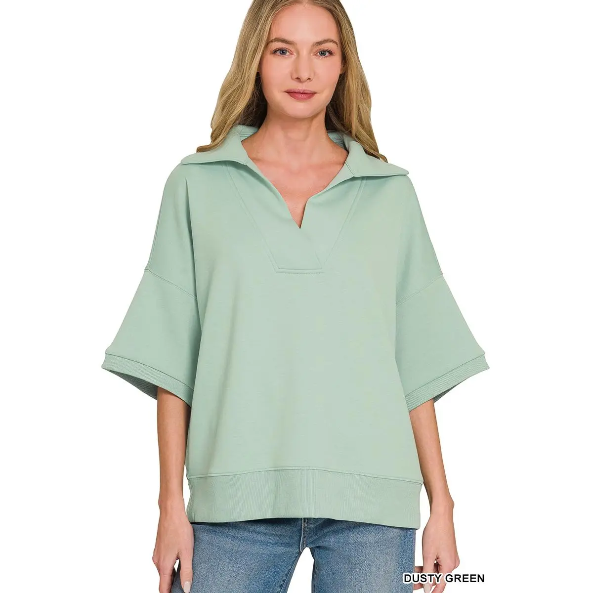 Zenana Scuba Collared Short Sleeve Pullover
