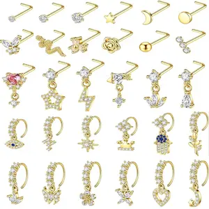 30Pcs 20G L-Shaped Dangle Nose Ring Set for Women Surgical Steel CZ Flower Heart Moon Star Hoop Piercing Jewelry Hypoallergenic Safe Lightweight