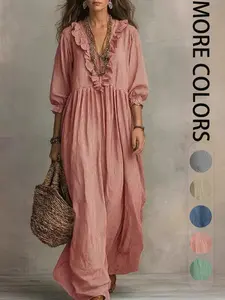 Women's Striped Ruffle High Waist Seven-Quarter Sleeve V Neck Fashion Casual Boho Elegant Dress, Stylish and Comfortable Summer