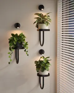 Bamworld Wall Decor Plant Stand with Lights Wall Art Planters Window Plant Hanger Indoor Hanging Planters for Indoor Plants for Living Room Black Space-Saving Wall-Mounted Planter with 3  Lights