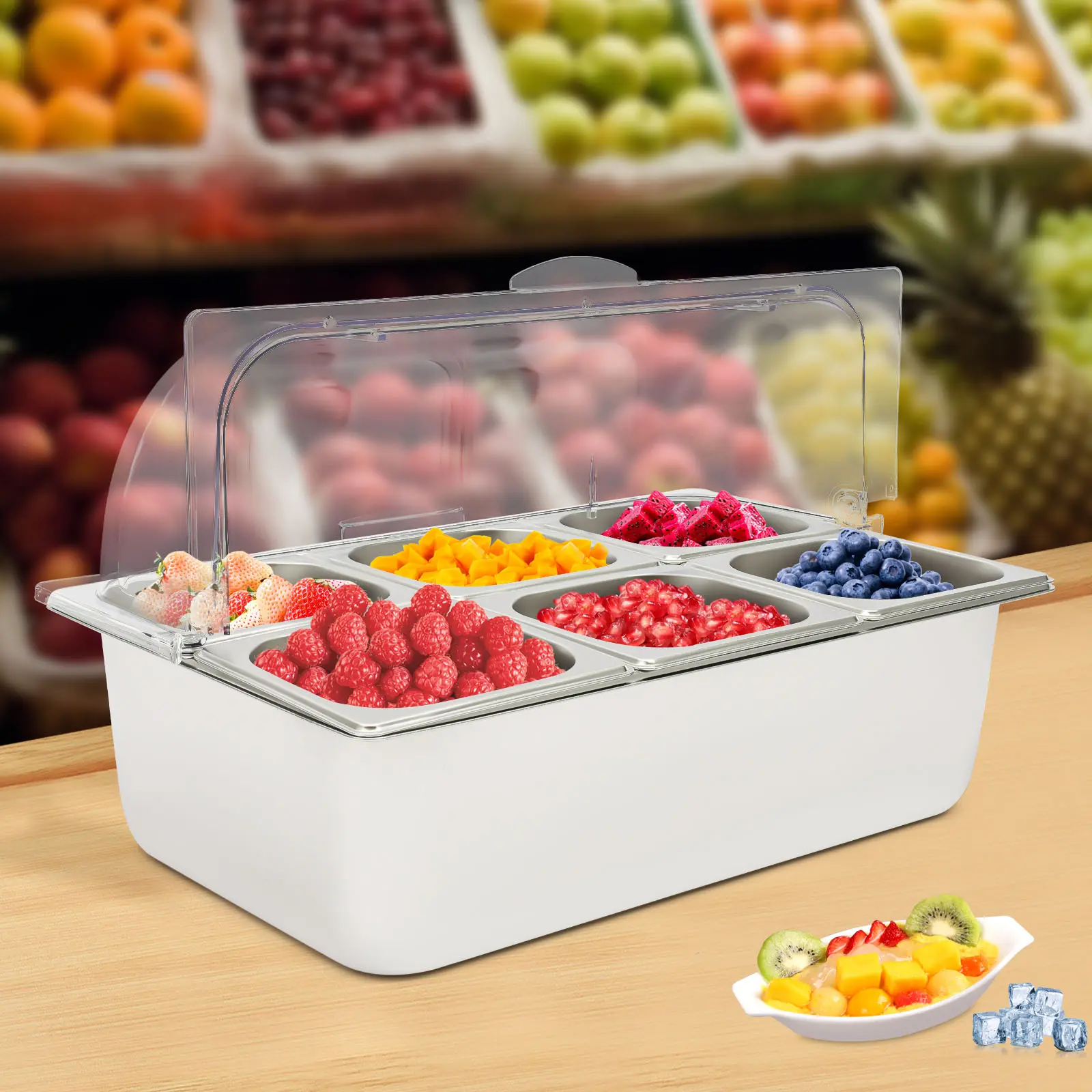 Commercial Grade 6-Panel Stainless Steel Kitchen Buffet Sneeze Guard Set (21×13×13 Inch, 1.45L Deep Ice Pan, Containers) with Ergonomic Chicken Shredder, Easy Setup for Catering Restaurants, Dessert Tables, Farmers Market, Buffet Tray