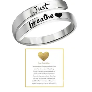 Heart Adjustable Stainless Steel Spiral Wrap Engraved Rings，Adjustable Heart Ring ，Inspirational  Jewelry