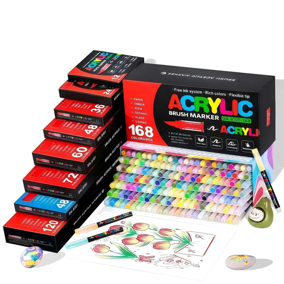 36-Color Automatic Ink Control Acrylic Markers, Brush Tip Art Pen Markers & Highlighters for Rock-To-Fabric Art, Pastel Storage Box Artist Bundle - Office Stationery Writing Tools for DIY Craft Supplies