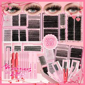 6 Box Mix Lashes Clusters Kit Gift Packs 2080Pcs with 2X Bond&Seal 2 Remover 2 Tweezers 5 Brush in One Gift Box Volume Mega/Bottom Soft Extension False Eyelash D Curl Wispy Natural DIY Individual Fake Eyelashes for Beginners Bulk Pack