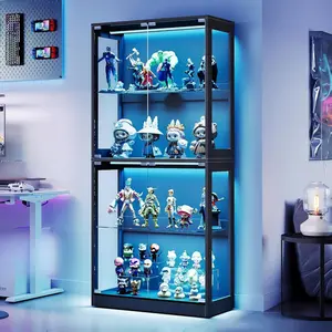 AMERLIFE RGB Display Cabinet with Adjustable Glass Shelves, 4-Tier Storage Case with LED Lights & Press-to-Open Doors, Modern Display Shelf for Collectibles, Black/Best Gift Ideas/Christmas Gifts