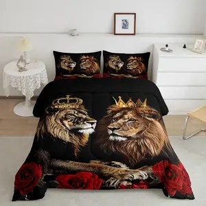 Feelyou Lion Couple Rose Microfiber Comforter Set - King Size, Wild Animal Theme Decorative Bedding (Fits King/Queen Beds, Safari Print Duvet Included)