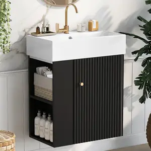 Modern Floating Bathroom Vanity 21.6 inch with Ceramic Basin & Left Side Storage for Small Bathrooms Black Wave Pattern Door Rose Gold Handle