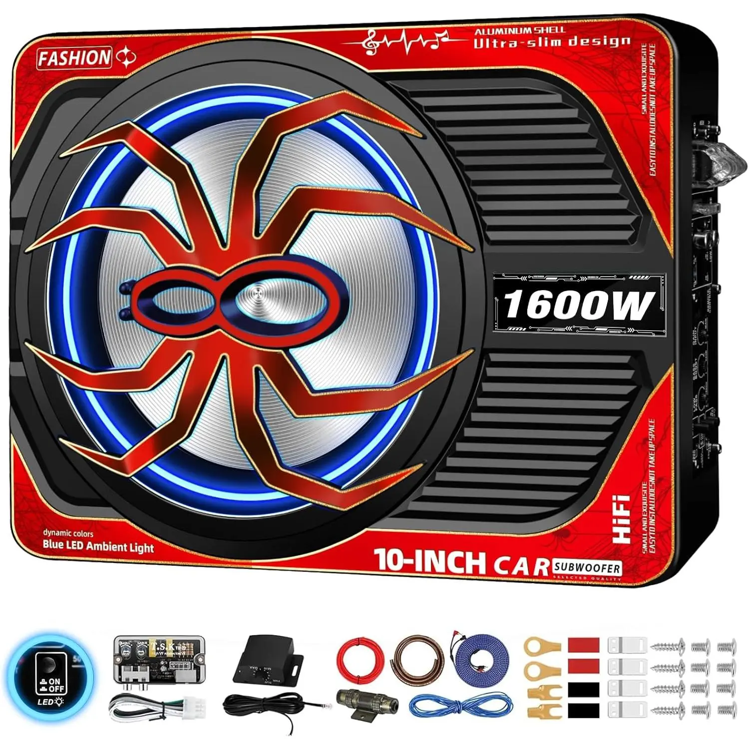 1600W Slim Underseat Car Subwoofer and Amp Package Deep Subsonic Bass with Blue Ambient Light Switch for Car Truck SUV