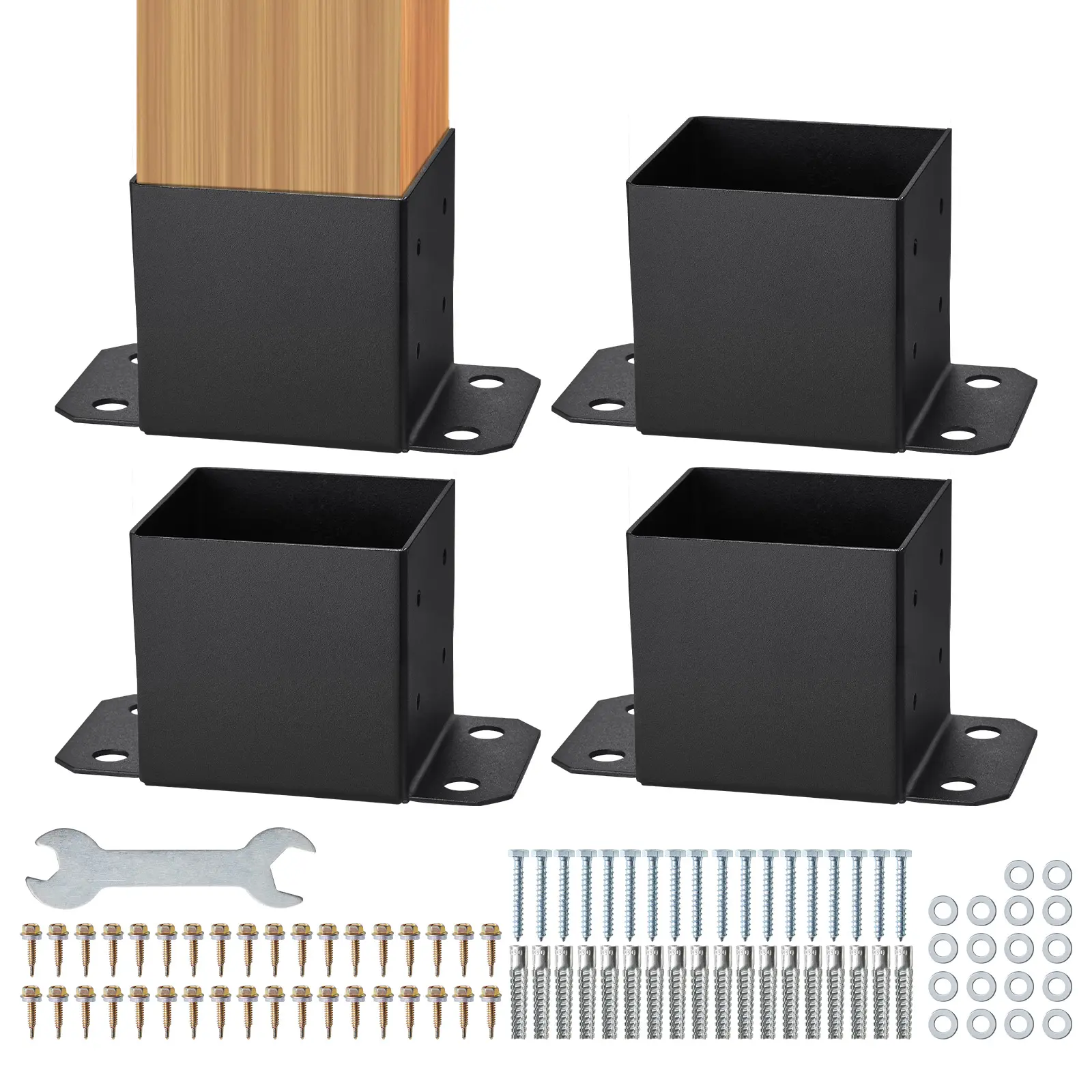 VEVOR 4 Pieces 6x6 Post Base Brackets, 5.6in x5.6in Inner Size, 2mm Heavy Duty Powder-Coated Matte Black Post Anchors with 36pcs Screws, 5.5in Column Fit, Serrated Sleeves for Pavilion Deck Porch Railings Support