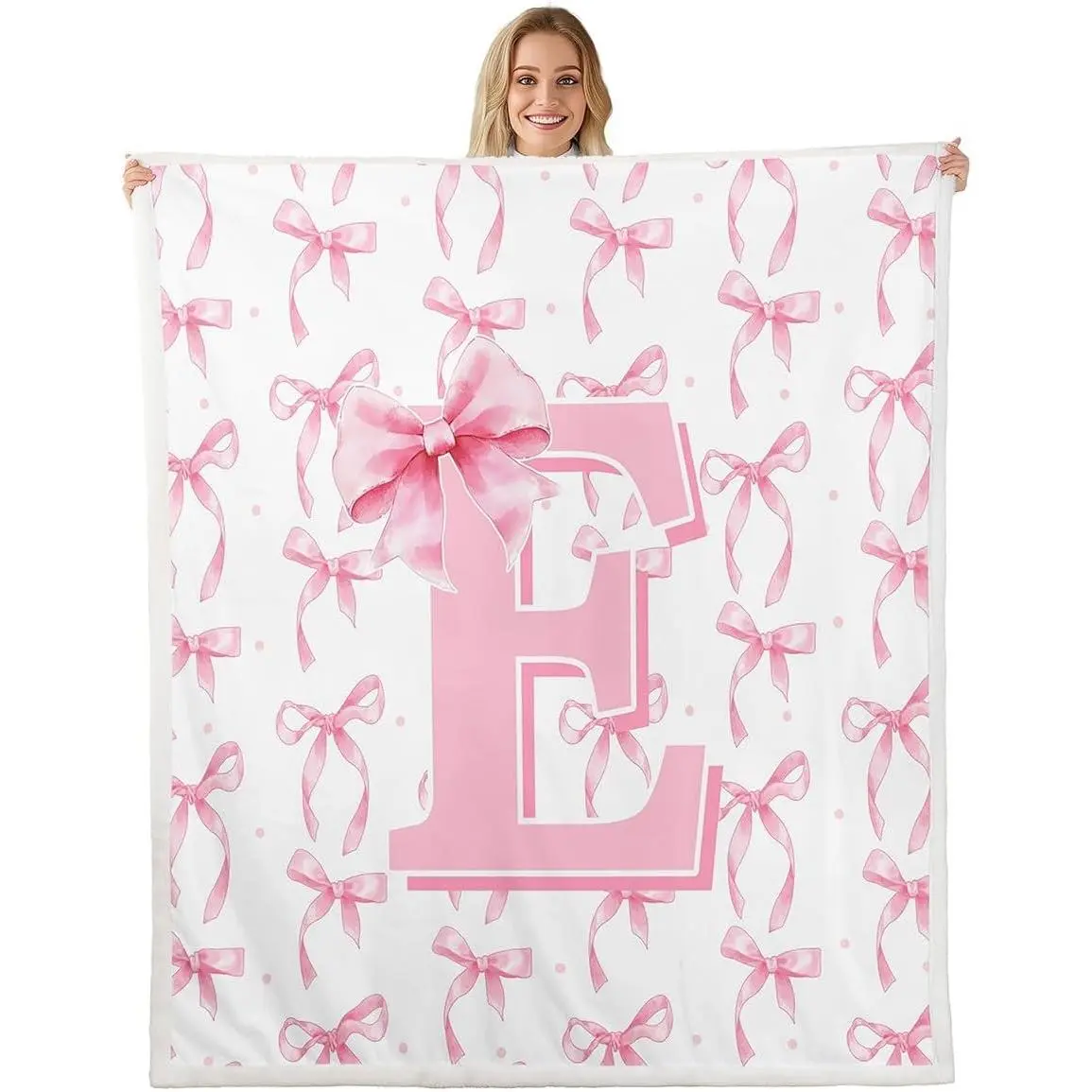 Cute Pink Bow Blankets Initial Letter E Blanket Throw,Pink Coquette Bow Knot Fleece Blanket,Personalized Monogram Bows Sherpa Fuzzy Throw Bedroom Room Decor