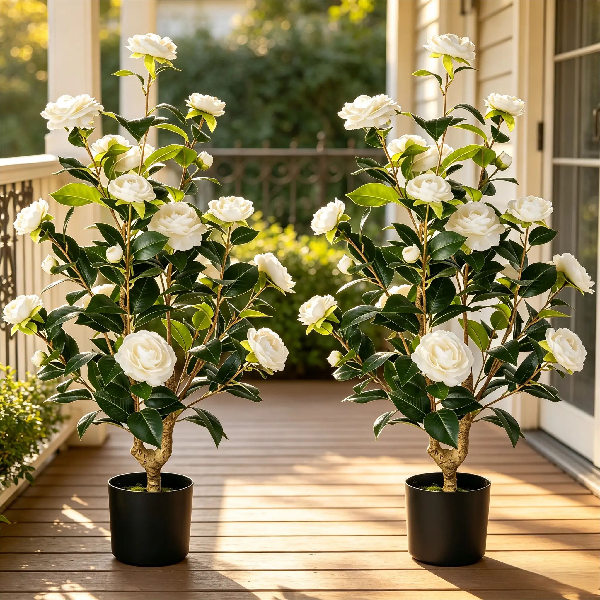 2-Piece Set Decorative Faux Camellia Trees (36 in), UV-Resistant No-Fading Lifelike Faux Flowers with Box Packaging & Plant Pattern, for Indoor Home Living Room Porch Decor