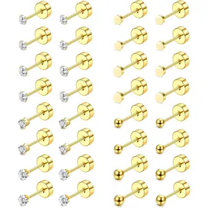 MILACOLATO Unisex 16-Pair 20G Surgical Steel Hypoallergenic Flat Back Earrings Set, Tiny CZ Ball Screw Back Studs, 2/3mm Helix Cartilage Sleeper Earrings