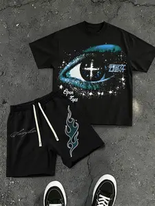 Dark Street Eye Print Tee Set, American Street Style Flame Shorts Two-Piece Set, Boys' Summer Fashion, Loose-Fitting, No Button, Summer Clothing Set, Graphic Print Set