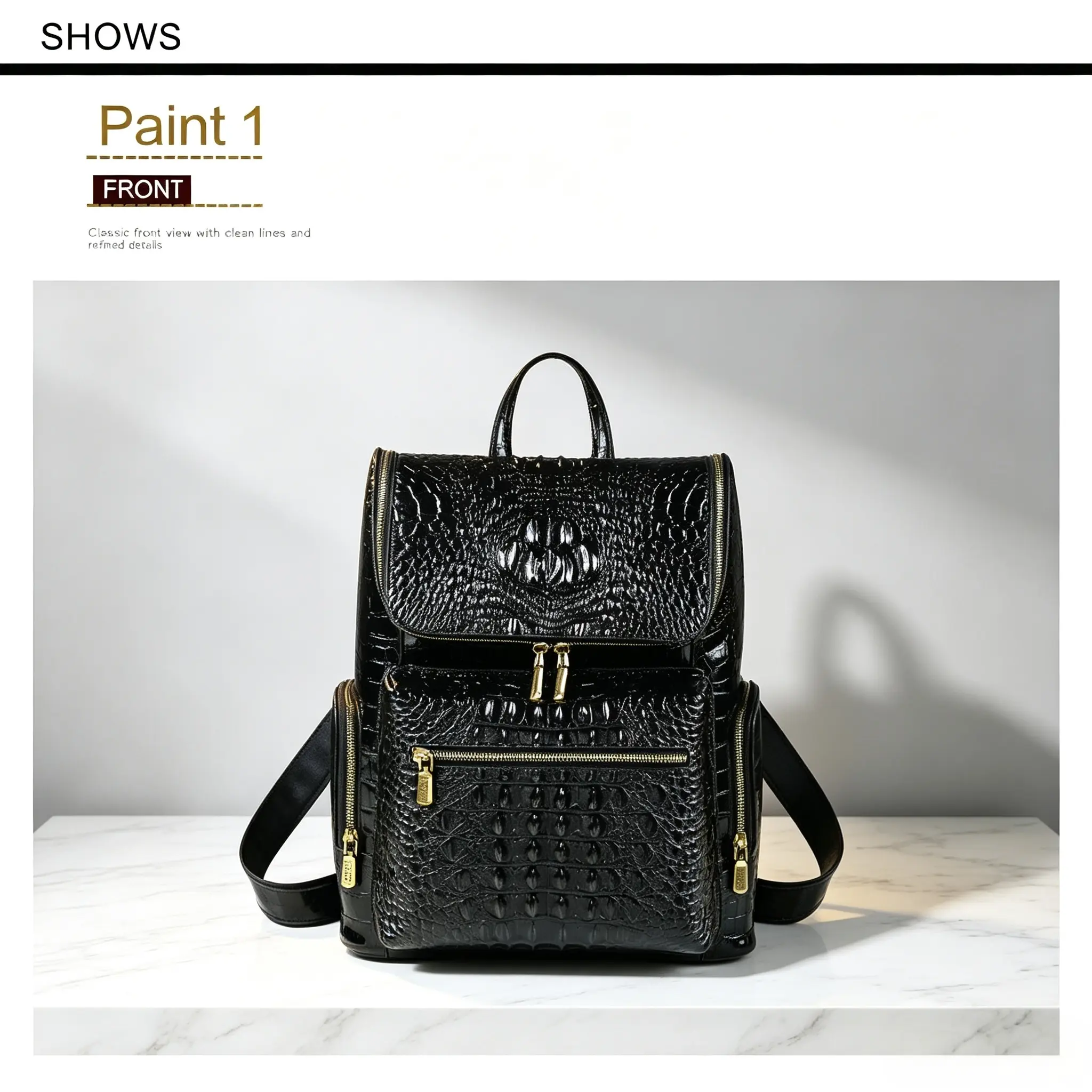 Black glossy crocodile-pattern backpack with metal hardware, zipper closure, multiple pockets—versatile large-capacity travel and commuter laptop backpack.