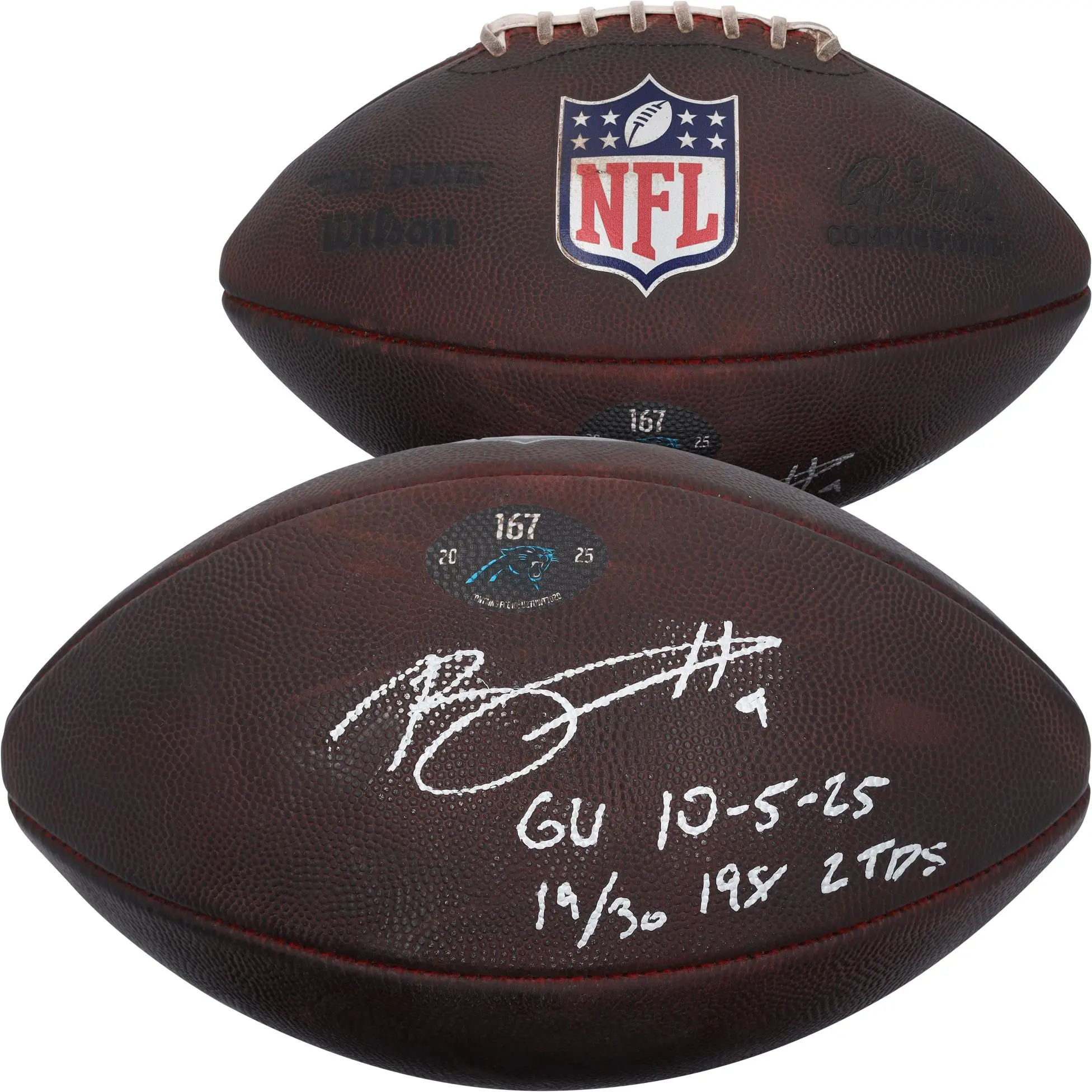 Bryce Young Carolina Panthers Autographed Game-Used Football vs. Miami Dolphins on October 5, 2025 with Multiple Inscriptions - #167 - Fanatics Authentic Certified