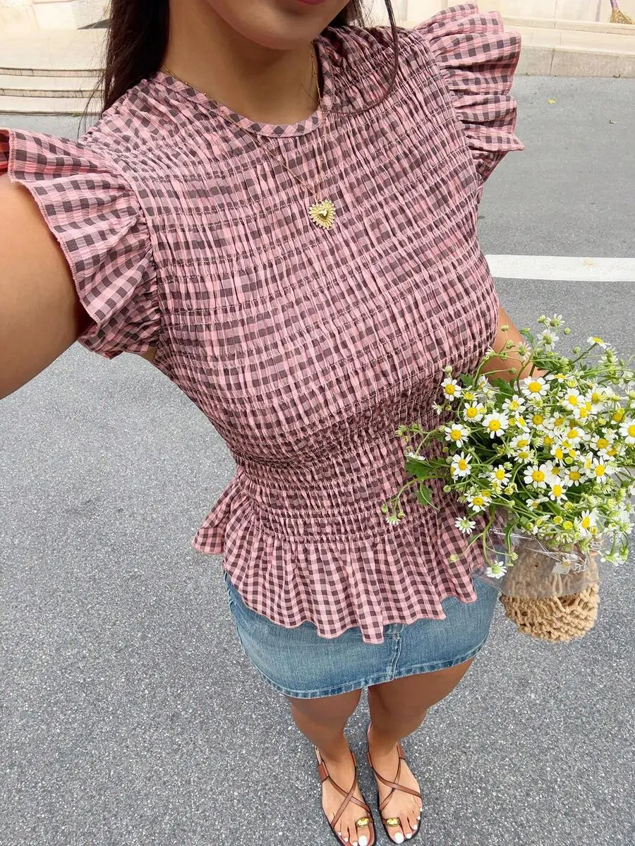 SHORE Women's Casual Cute Plaid Ruffle Hem Cinched Waist Blouse, Pink Plaid Gingham Smocked Peplum Top Sleeve For Shirt, Clothing, Vacation, Picnic Summer