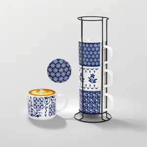 4 Pack Ceramic Coffee Mug Set with Rack, 16 OZ Stackable Cappuccino Cups with Metal Stand, Blue and White Porcelain Tea Mugs for Latte, Americano, Milk, Hot Cocoa, Beverages, Microwave Safe