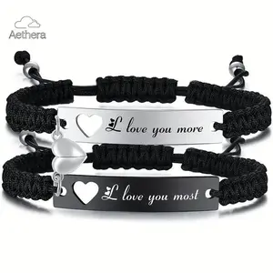 Aethera Couple Anniversary Bracelet Set Engraved Love You More & Love You Most Adjustable Braided Design Romantic Valentine's Day Gift